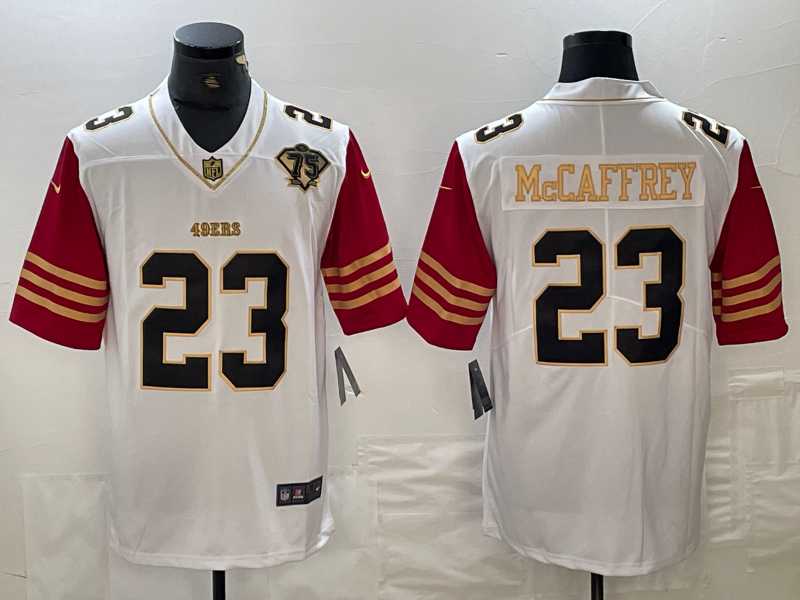 Mens San Francisco 49ers #23 Christian McCaffrey White 75th Patch Golden Edition Stitched Nike Limited Jersey Dzhi->san francisco 49ers->NFL Jersey